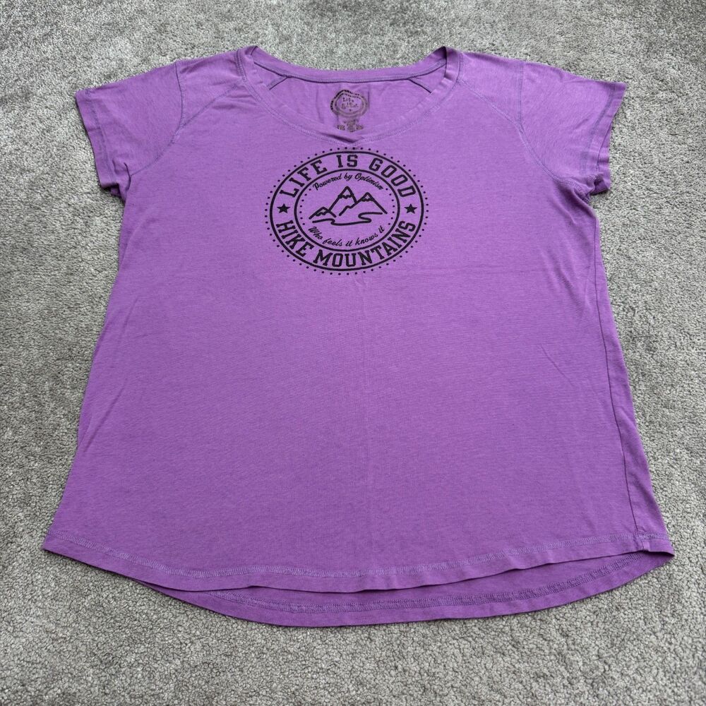 Life Is Good Graphic T-Shirt Womens XXL Purple Powered By Optimism V-Neck Tee